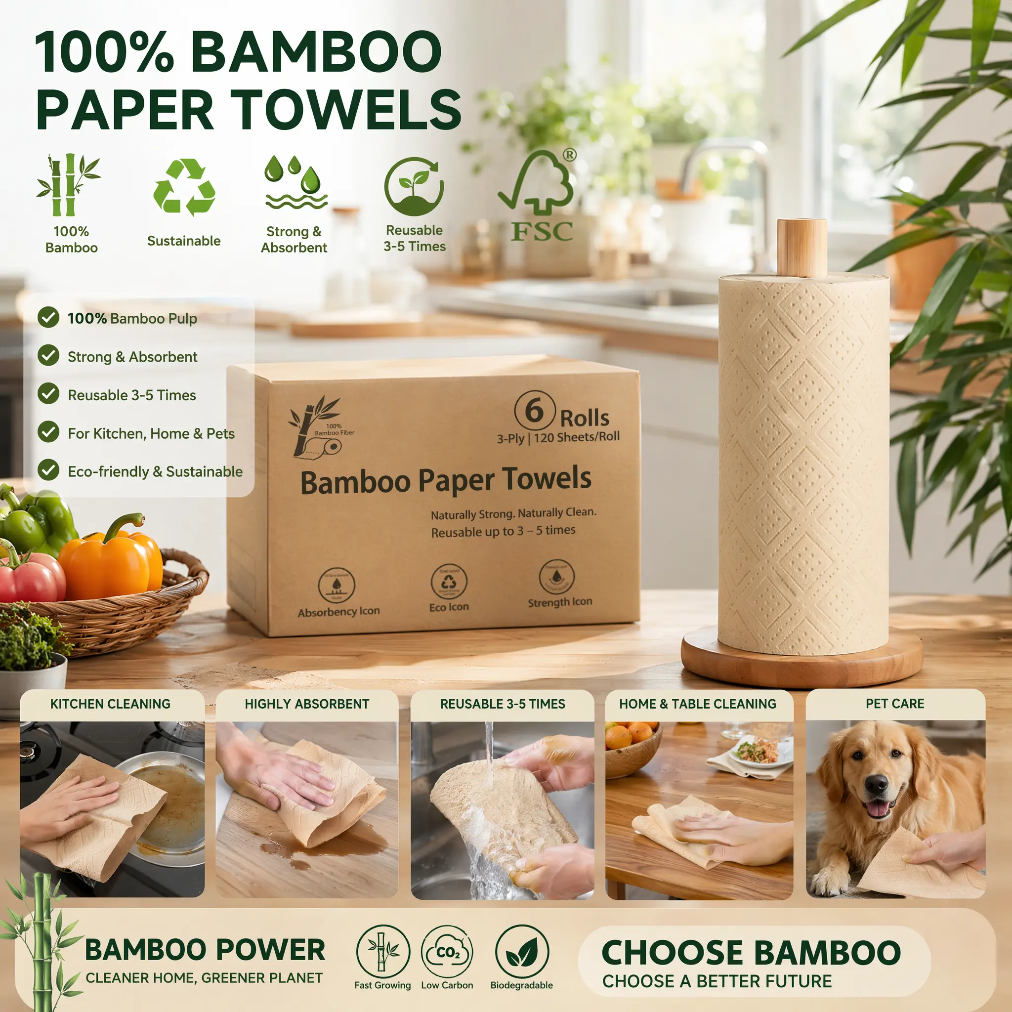 100% Bamboo Paper Towels Unbleached & Tree-Free 3-Ply Ultra Strong 12X More Absorbent Reusable Up to 5X Eco-Friendly Kitchen Rolls (6 Rolls, 100 Sheets Each) Stop Wasting Paper Towels – Switch to 100% Bamboo Reusable Eco-Friendly Kitchen Rolls (6 Pack)