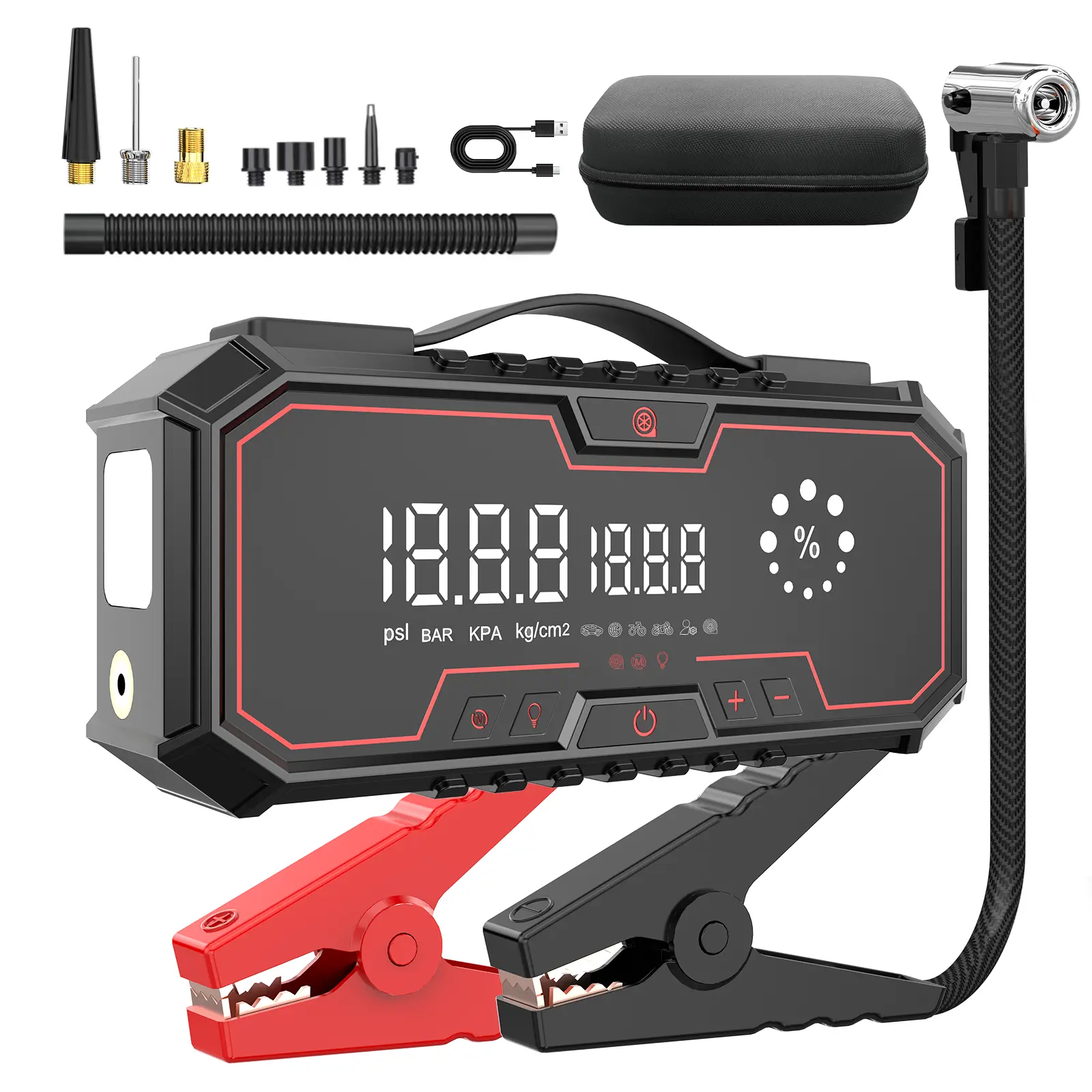 【Kapeezi】Rechargeable Lithium Ion Car Jump Starter Kit (18000mAh Large Battery, 160PSI Tire Inflator) - Car Accessories, Auto Parts Accessories, Batteries, Air Compressor, Blower, Portable Power Bank (All Gasoline, 6L Diesel)