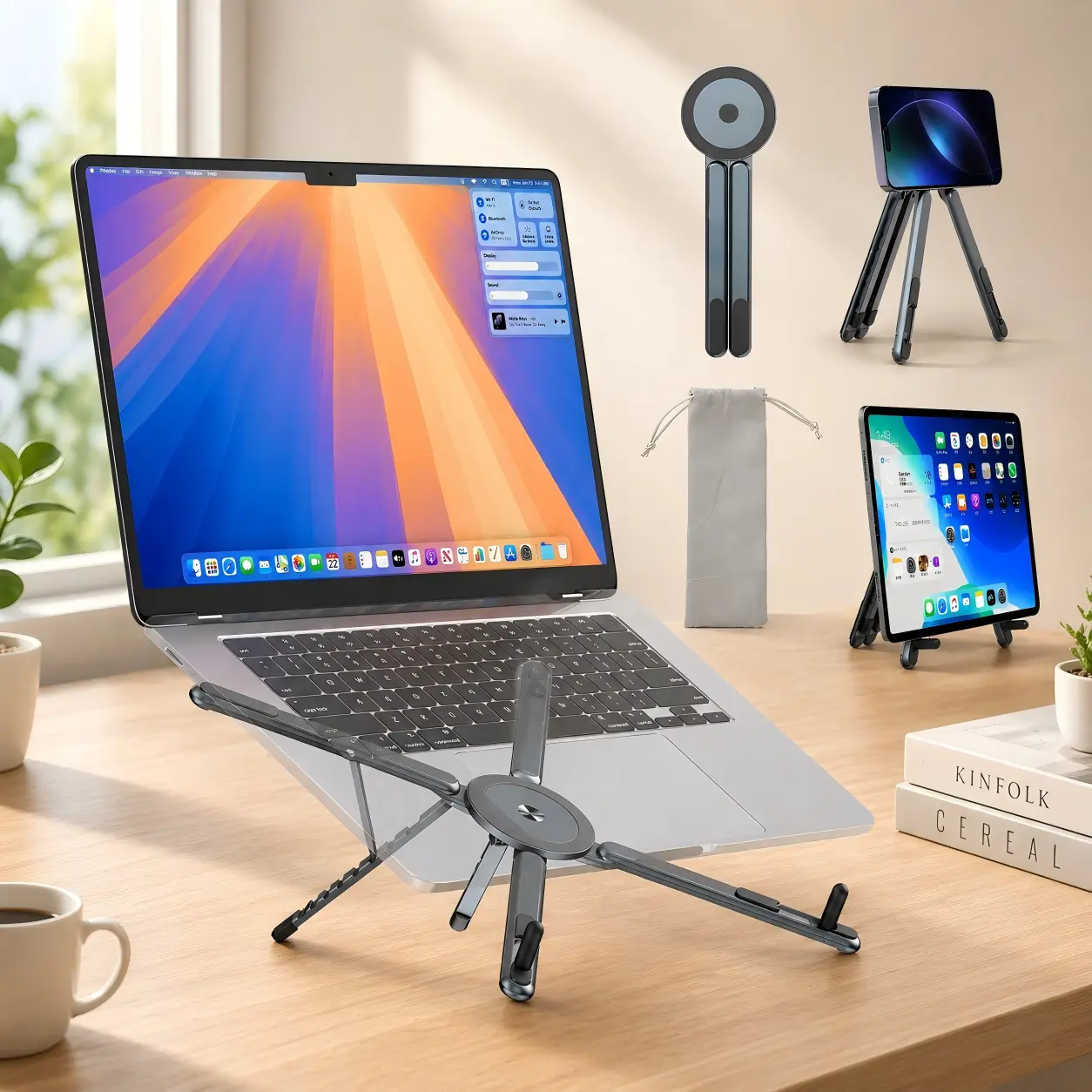Adjustable Laptop Stand for Desk, MagSafe Compatible Portable Foldable Computer Riser for MacBook, iPhone, iPad, Tablet - Lightweight Aluminum, N52 Magnetic Grip,Perfect for Office, Home, Traveling