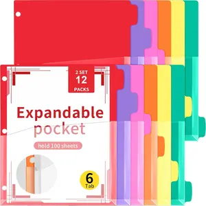 12 Pack 6-Tab Expanding Binder Dividers with Clear Pockets, Letter Size Plastic Dividers for 3 Ring Binder, 6  Colors Writable Tabs Office Document Organizer(Colourful)