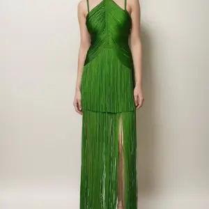 Green & Black Halter Neck Fringe Dress for Women - Casual Dress - Womenswear