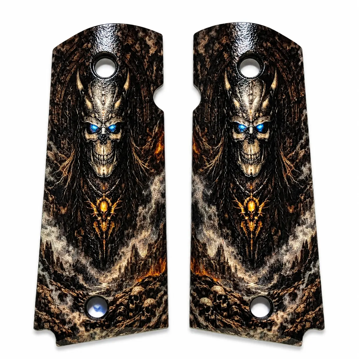 1911 Full Size Grips – Black ABS Custom Grip Set with Viking Skeleton & Glowing Blue Eyes Printed Artwork | Standard Frame Replacement Grip Panels