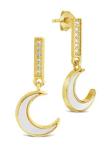 Valeria CZ & Moonstone Crescent Drop Stud Earrings