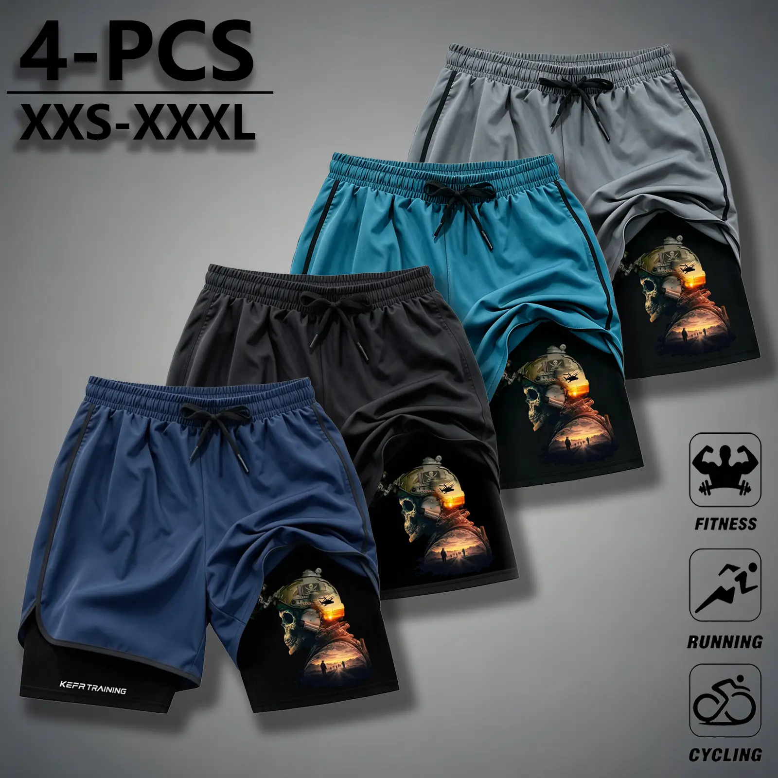 4 PCS XXS-XXXL Fitness Running Cycling Shorts with Unique Design for Men,Men Tactical Soldier Skull Sunset Graphic 2 in 1 Running Shorts Double Layer Quick Dry Anti-Chafe Compression Liner Athletic Training Shorts Military Fan Workout Shorts