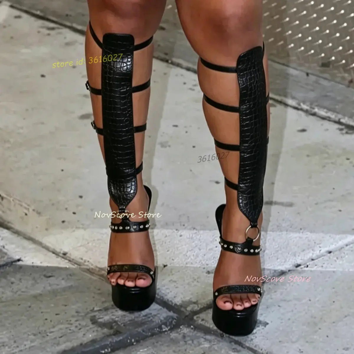 Black Studded Platform Sandals Cutouts Crocodile Print Leather Gladiator Knee High Sandals Open Toe Multi Belt Buckle Shoes