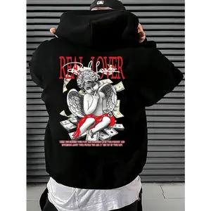 Men's  Graphic Print Hoodie  -Lined Pullover with Angel & Dice Design, Casual Loose Fit Hooded Sweatshirt for Fall/Winter