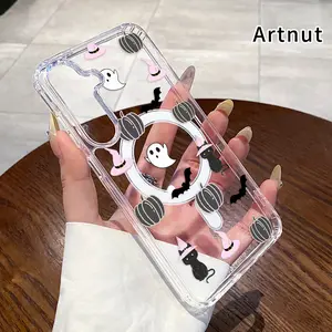 Magnetic Phone Case Compatible with Galaxy S24 Plus S25 S23 FE S22 Ultra S22+ Cat Witch Pumpkin Pattern Acrylic Back Silicone Edges Scratch-resistant Skin-friendly Feel Cover