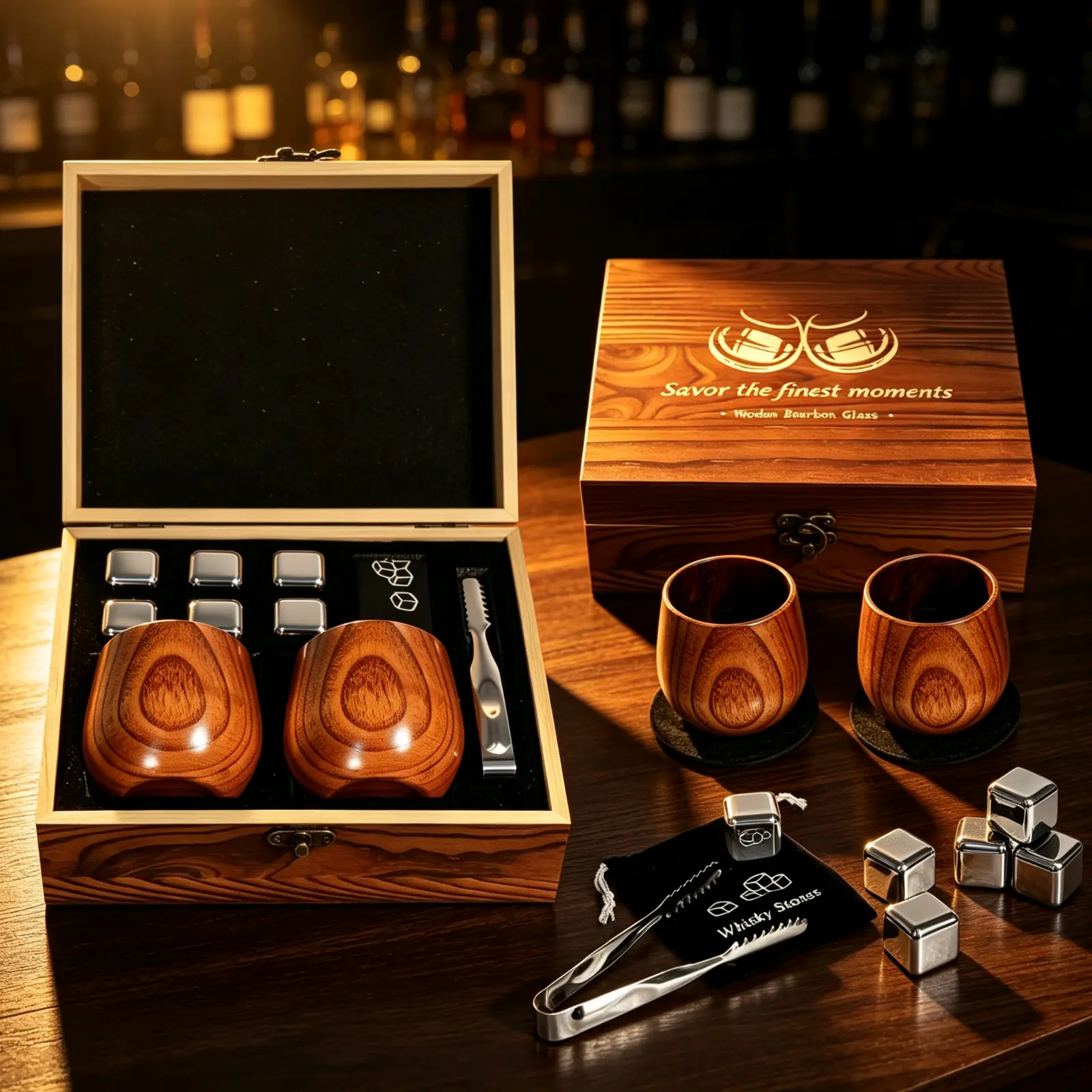 Handcrafted Charred Oak Whiskey Glasses Set - Premium Wooden & Stainless-Steel Bar Tumblers, Unique Gifts for Man (Birthday, Retirement for Him, Adults)