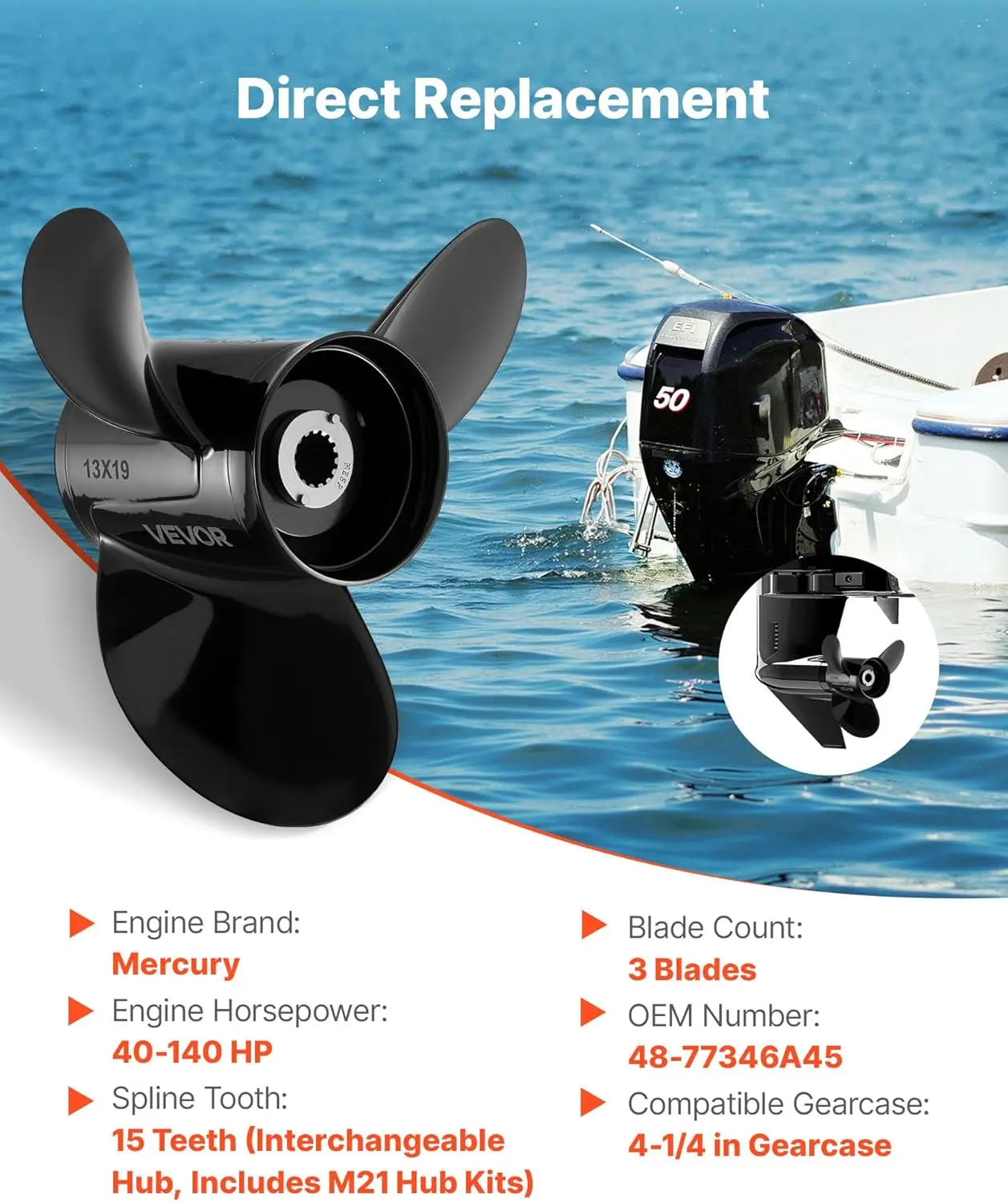VEVOR Outboard Propeller, Upgrade OEM 15 Spline Tooth Aluminum Outboard Boat Propeller Fit Mercury Engines 40-140 HP, 4-1/4" Gearcase, 3-Blade, RH (Right Hand Rotation)