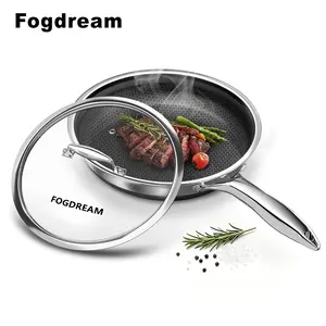 Fogdream 8 Inch Nonstick Frying Pan with Lid, Honeycomb Hybrid Stainless Steel Skillet, Tri-Ply Induction Compatible, Non Toxic Frying Pan, Oven Safe, Dishwasher Safe, Silver