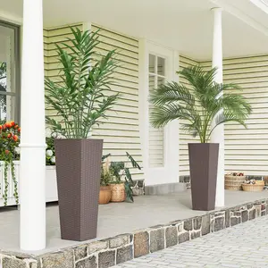 Set of 2 32" Tall Planters – Brown, Rattan-Look Design. 4 Gal Capacity Each. Drainage Holes – Prevents Overwatering. Stackable for Storage. Great for Deep-Rooted Plants