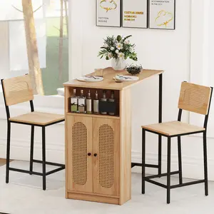 COSTWAY - 3-Piece Bar Table and Chairs Set with Storage Shelves and Footrests-Natural