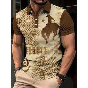 Men'sSummerFashion,CowboyAndRetroStyleGeometricPatternShortSleeveLapelCollarHenleyShirt,CasualTopForDailyAndOutdoorsWear