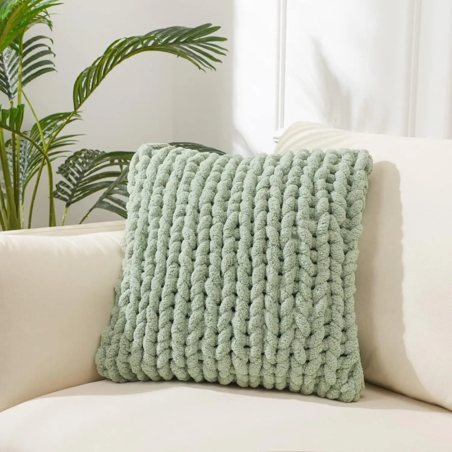 Sage Green Chunky Knit Throw Pillow Covers 18"18" (1PC) Decorative Handmade Pillow Cover for Couch Livingroom Bedroom Square Luxury Style Crochet Pillow Case  Pillowcases