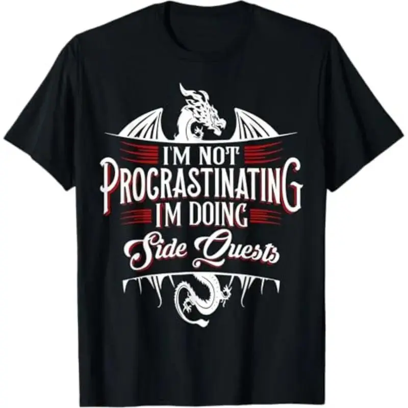 Men's Soft Simple Round Neck Short-Sleeve Cotton T-Shirt - Comfortable Funny RPG Gamer Dragons Not Procrastinating Side Quests Casual Crew Neck Top
