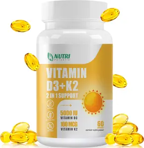 Vitamin D3 K2 with MCT Oil, Vitamin D3 5000 IU and K2 100mcg, Formula 2 in 1 for Bone and Heart Health, Gluten Free - 60 Count Softgels