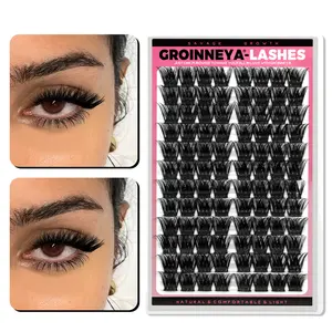 GROINNEYA 96PCS Spiky Fuzzy Cluster Lashes Wispy DIY Individual Lashes D Curl Lash Clusters Bold Thick Lashes Soft Lightweight Fake Lashes Clusters,Suitable For Christmas Party with Glue and Tweezers