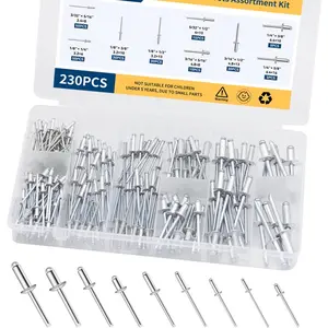 230 count  Rivets Assortment Kit 9 Sizes Pop Blind Rivets for metal including 3/32" 1/8" 5/32" 3/16" 1/4"