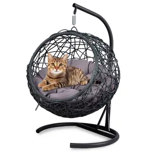 Modern Rattan Style Swing Chair with Stand & Cushion, Indoor Hanging Lounge Seat for Small Pets, Decorative Home Furniture Accent