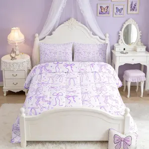 Cartoon Bowknot Kids Bedding Set,Purple Bow Tie Comforter Set,Butterfly Knot Princess Girls Quilt Set,Teens Woman,Bow Stars Love Sweet Girly Duvet