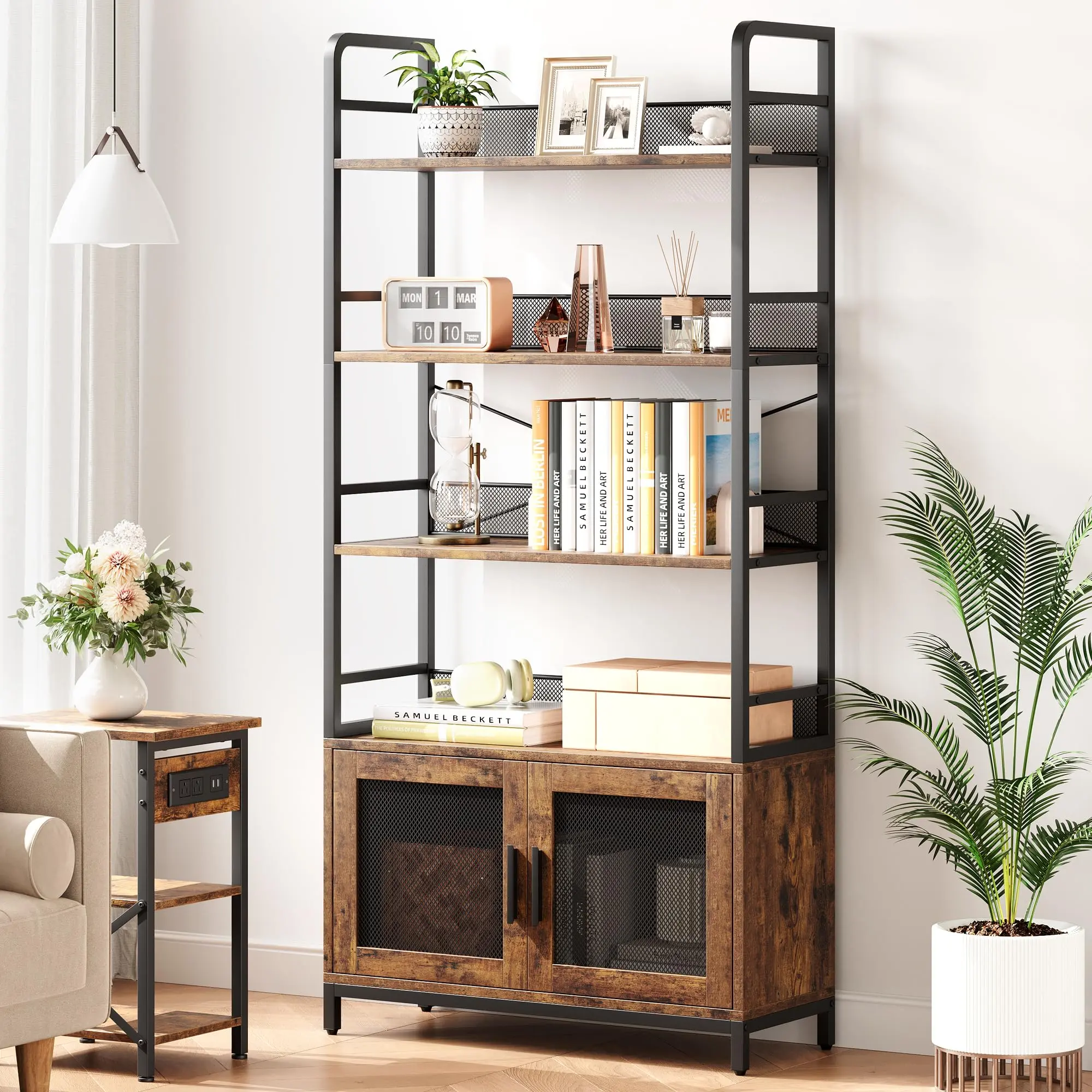 Industrial Farmhouse Bookshelf with Doors - Rustic Tall Bookcase & Open Storage for Bedroom, Living Room, Home Office - Brown Display Rack pantry  cabinet tier bookcase