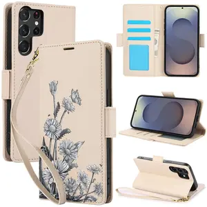 Flower Pattern Phone Case with Card Slot, Fashionable Flip Cover Case with Lanyard, Phone Accessories Compatible with Samsung Galaxy S25 S24 S23 S22 Ultra Plus, Protective Smartphone Protector