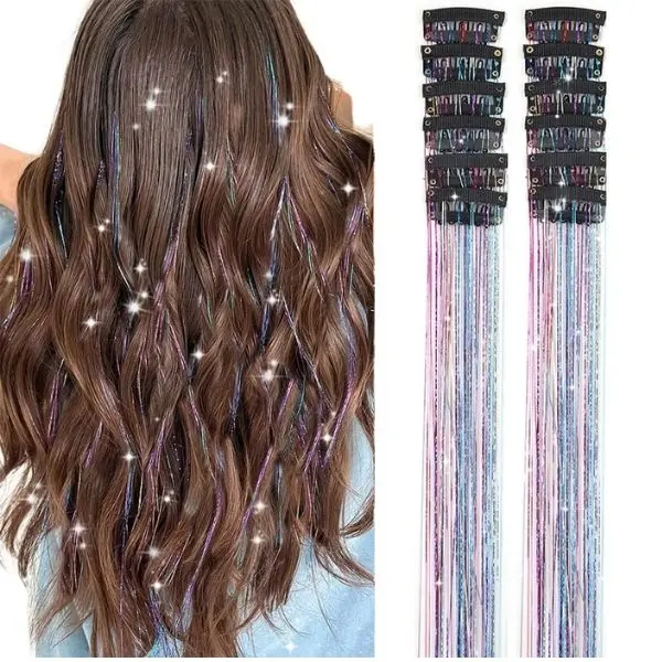 2PCS Clip-In Hair Tinsel Extensions, 20-Inch Fairy Hair Glitter Strands, Colorful Hair Accessories for Women, Girls, Parties & Festivals