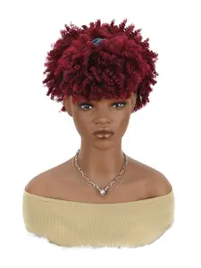 Curly Wigs for Women with Bangs, Short Afro Kinky Curly Wig with Headband Attached, All Season Bob Wig with Drawstring High Puff, Synthetic Wigs