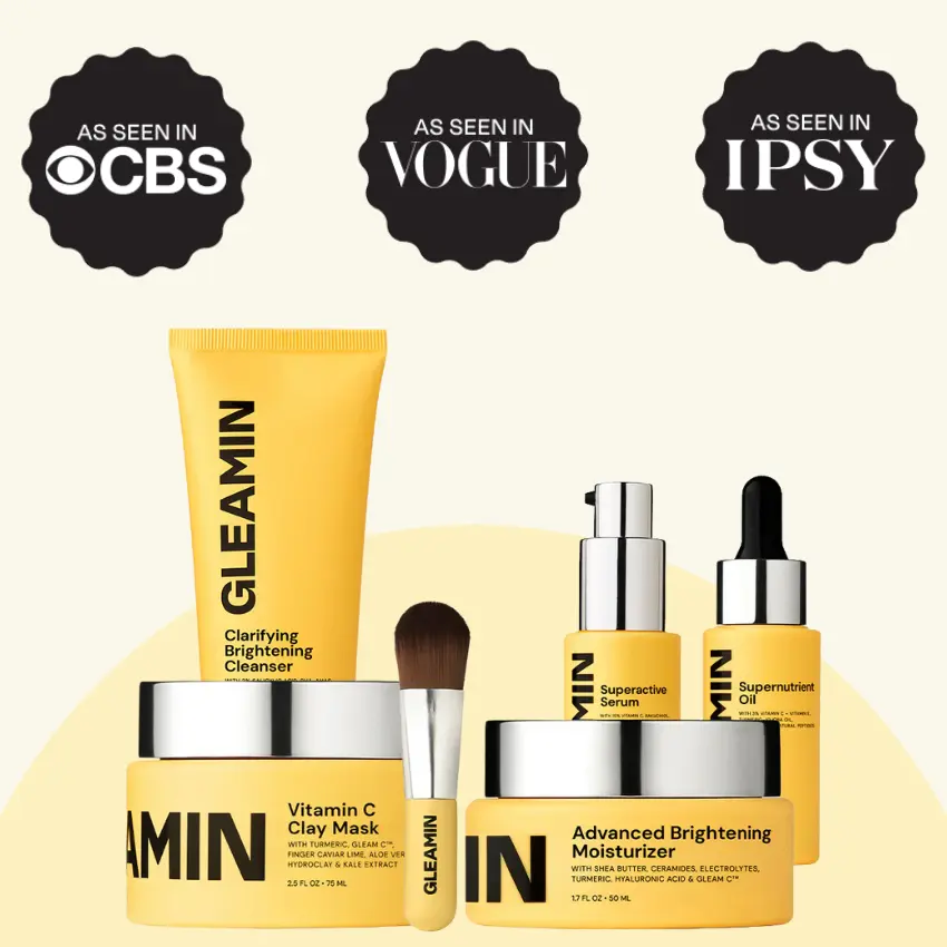 Gleamin Gleam Dream Team Skin Care System - Clarifying Cleanser, Vitamin C Clay Mask, Advanced Brightening Moisturizer, SuperActive Serum & Supernutrient Oil for Radiance & Skin Repair