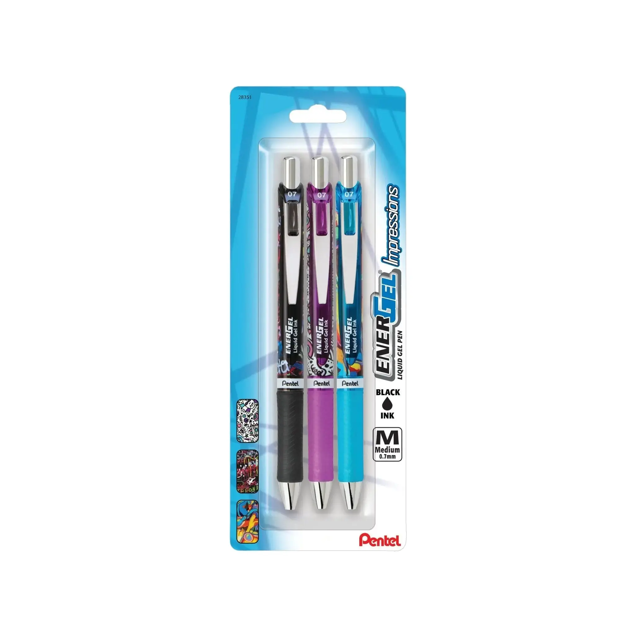 EnerGel RTX Impressions Gel Pen Set - 0.7mm Medium Tip, Assorted Barrels, Black Ink, 3-Pack Gift & Handwriting Tool for Smooth Writing, Daily Note-Taking (Office Stationery), Gift Pen