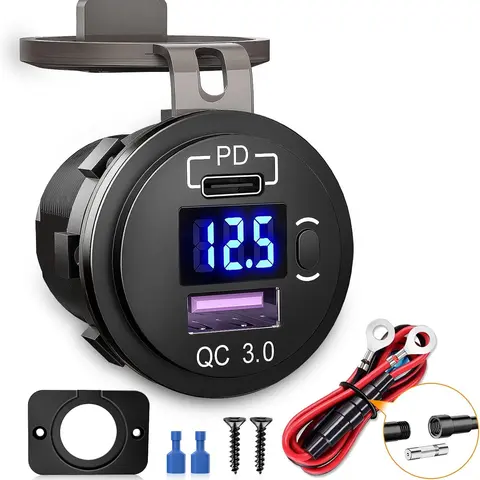 Nilight Dual USB Charger Socket - PD Type C & QC 3.0 Fast Charging Solution, 12V-24V Voltmeter, ON-OFF Switch, Fused Wire Kit, Easy-Install Truck Accessories for iPhone/iPad, Car Power Bank Jumper