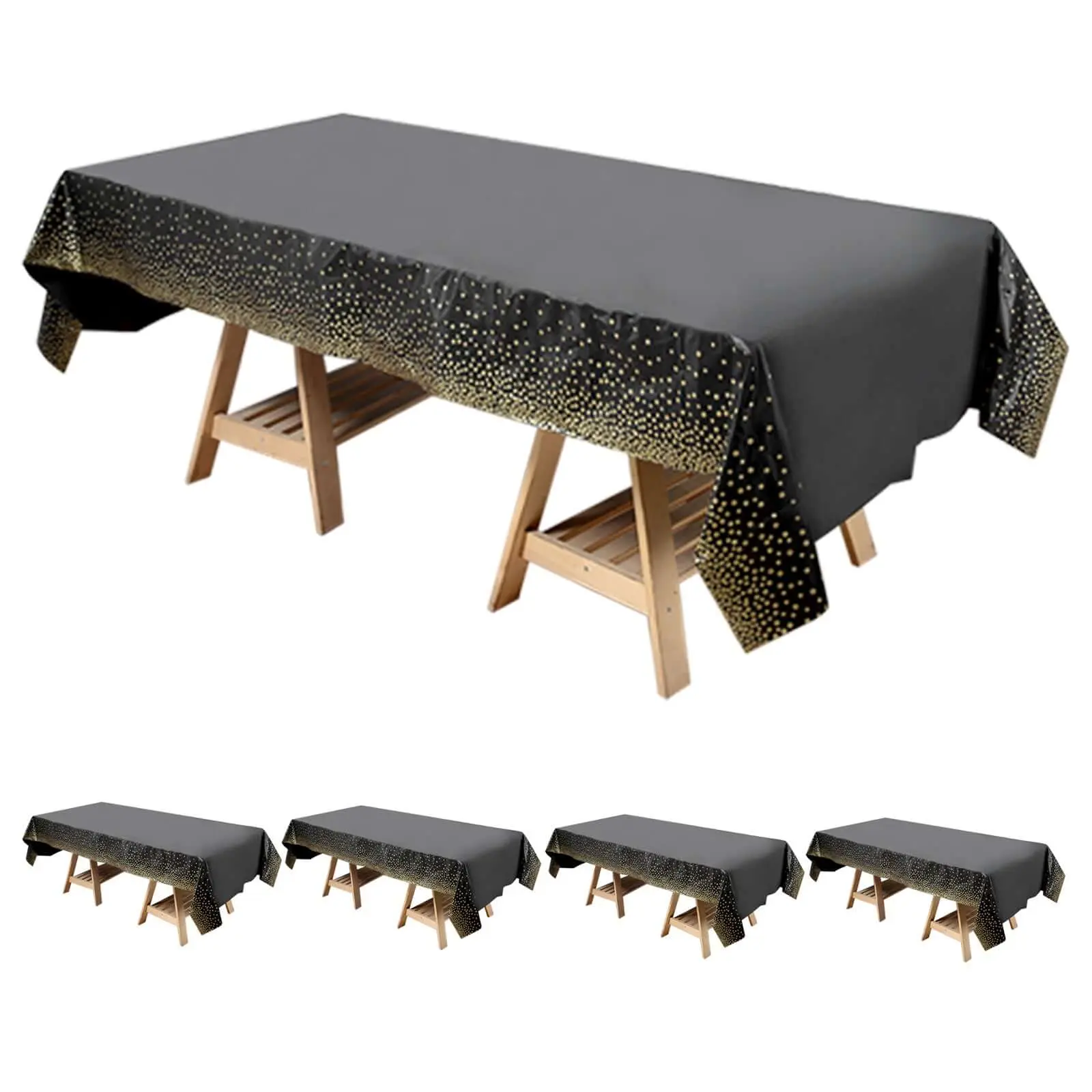 5-Pack Plastic Rectangle Table Covers, 54"x108" Black with Gold Confetti Polka Dots - PVC Waterproof Disposable Covers for Birthday Party Decorations, Wedding, Restaurant Use, Plastic Table Covers