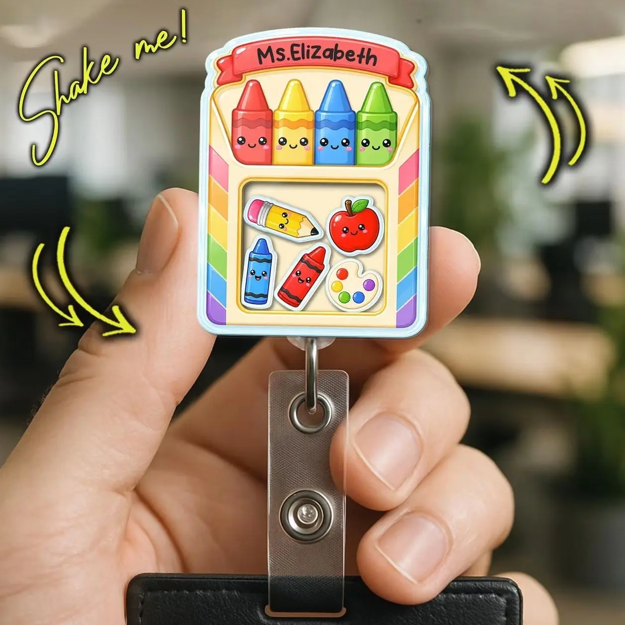 Personalized Crayon Box Shaker Badge Reel – Custom Name Teacher ID Holder, School Staff Gift  C5Q