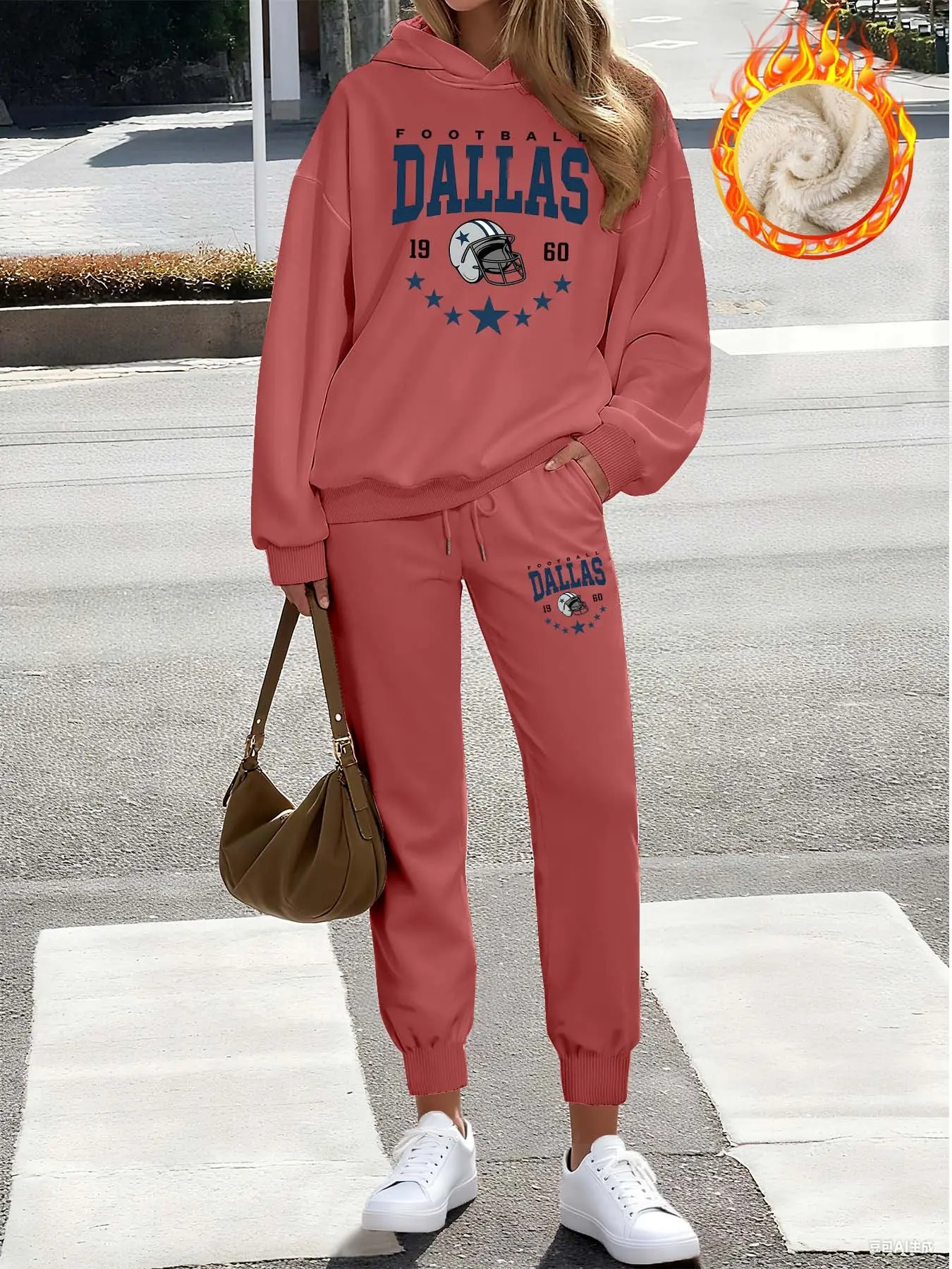 Women's Dallas Football Letter Print Hoodie & Pants Set, Fleece Lined Casual, Fall Winter Wear, Loose Fit, 2 Piece Set