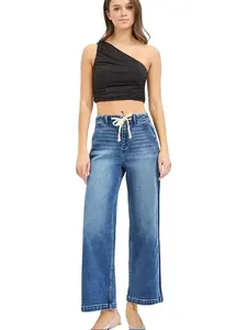 RISEN Elastic Band High Rise Cropped Wide Leg Jeans With Drawstring & Side Stripe