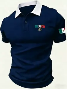 Men's Mexico Patriotic Polo Shirt, Patriotic Design, Contrast White Collar Short Sleeve Golf Top, Mexican Flag & National Emblem Graphic Tee, Breathable Quick-Dry Athletic Shirt for Sports, Beach, Casual Daily Wear