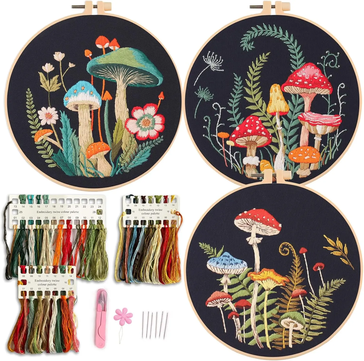 Embroidery Kit with Mushroom Patterns, 3 Hoops, Fabric, Threads, Needles, Instructions