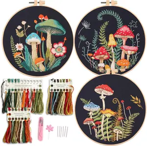 Embroidery Kit with Mushroom Patterns, 3 Hoops, Fabric, Threads, Needles, Instructions