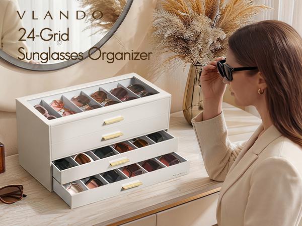 VLANDO Sunglasses Organizer Case,  Eyeglass Storage Box with Clear Lid and 2/3/4 Drawers, PU Leather Glasses Holder for Women and Men, bedroom  organizer summerwins,dorm essentials,home decor