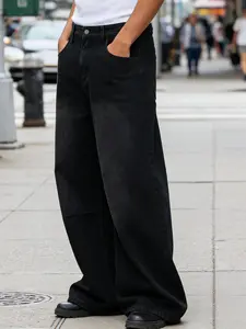 Customized black denim pants for men — wide-leg jeans, loose casual streetwear trousers, SpringStatements, with pockets, menswear, polyester, relaxed fit jeans, TikTok Shop Spring Glow Up