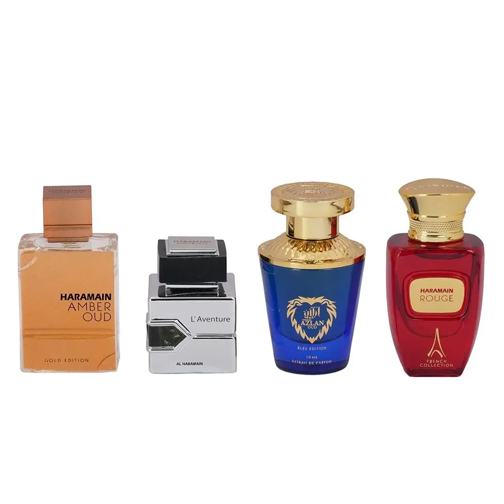 Al Haramain 4-Piece Gift Set for Unisex (10 Ml Amber Oud Gold Edition + 10 Ml L'aventure + 10 Ml Azlan Oud Bleu Edition+ 10 Ml Rouge)