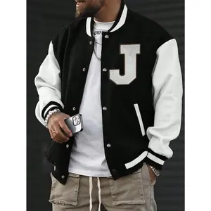 Men's Bomber Jacket Color Block Letter Graphic Long Sleeve Baseball Varsity Jacket Coat