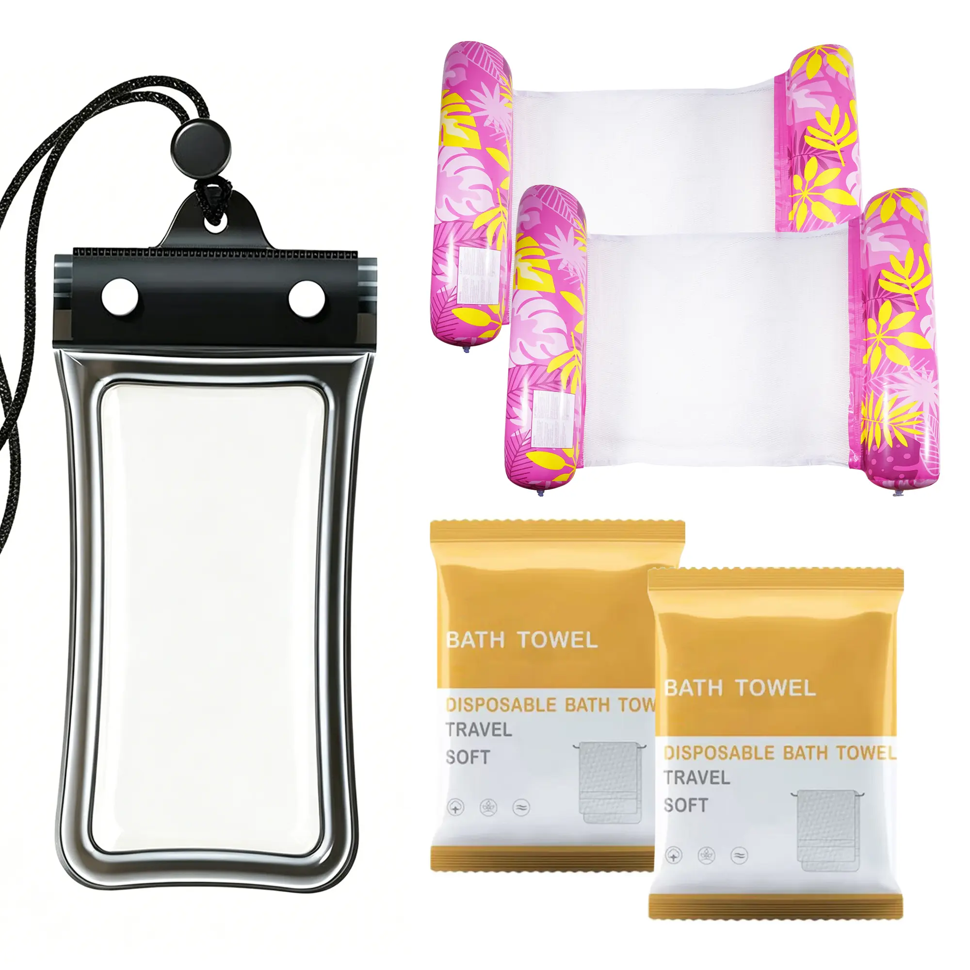 Waterproof Water Sports Travel Kit - Clear Phone Pouch, Pink Floral Inflatable Float, Disposable Swim Bath Towels for Easy Mobility