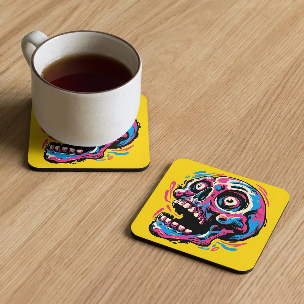 Square Single Printed Glossy Pop Art Skull Cork Coaster - Durable Heatproof Goth & Punk Aesthetics Kitchen Tableware, Unique Gifts for Skull Enthusiasts, Ideal for Dorm Rooms & Gaming Setups