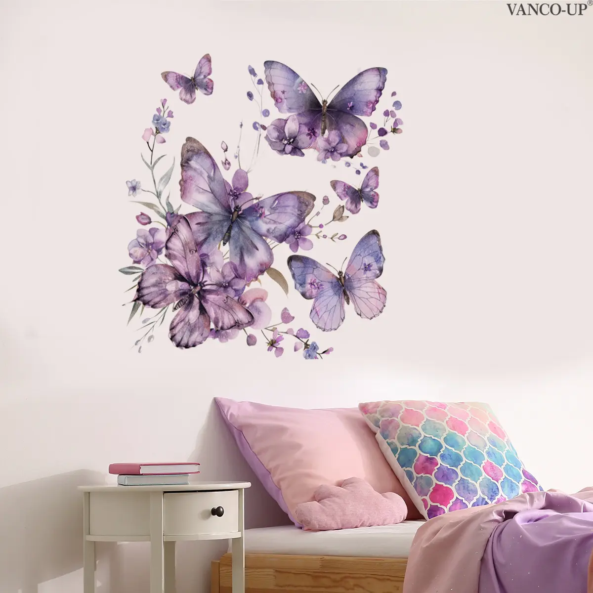A 2D flat Decorative wall sticker with purple butterflies and flowers, Flower Design (30*30cm) for beautifying bedrooms, living rooms and bathrooms (M20379)