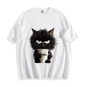 White/Black/Gray T-Shirt Round Neck Cat Printed 100% Cotton Short-sleeve Womenswear Comfortable T Shirt for Adult Men and Women Unisex  - Ideal for Everyday Casual  Wear