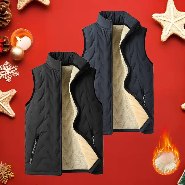 Men Women Sherpa Lined Stand Collar Waistcoat 2-Piece Bundle, All-over Lock Cotton Quilt Prevents Filling Shifting, High Stand Collar Blocks Cold Wind, Secure Zip Side Pockets For Daily Commute, Hiking & Winter Layering Sleeveless Plain Beige Plain Tops