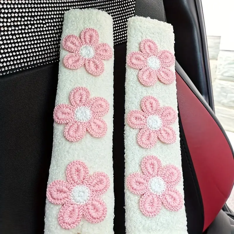 Flower Decor Car Seat Belt Cover, Creative Soft Plush Car Seat Belt Protector, Universal Car Interior Decoraton Accessories, Cute Girl Car Accessories, Aesthetic Car Accessory, Car Interior Decoration, Car Interior Accessory