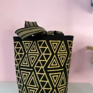 Geometric Triangle Pattern Bucket Bag - Black & Gold Design, Stylish & Versatile for Everyday Use
