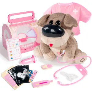 Interactive Vet Play Set, Toy Veterinarian Kit for Kids, Pretend Pet Doctor Set with Electronic Dog and Dress Up Costume for Toddler Girls 3-5 Gifts